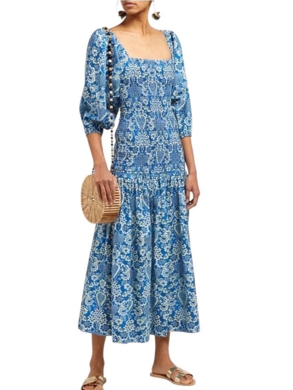 Rhode Resort Harper Blue Shirred Floral Print Puff Sleeve Cotton Midi Dress - XS